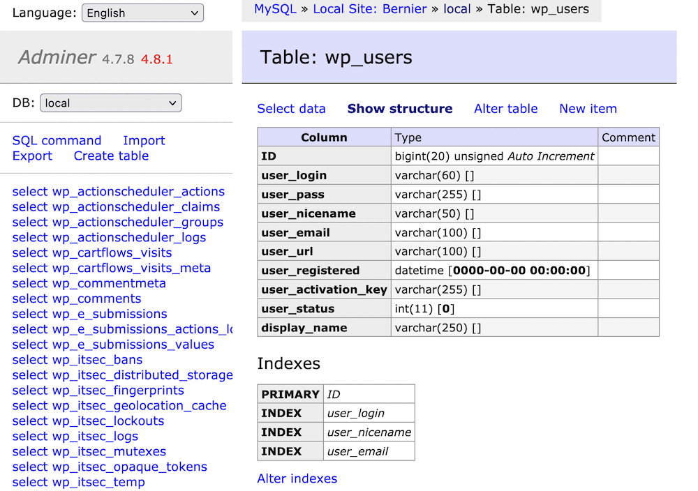the wp_users table in Adminer.