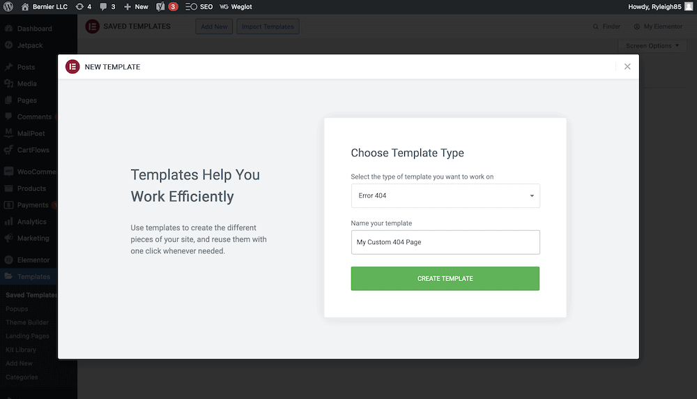 Creating a new template in Elementor.