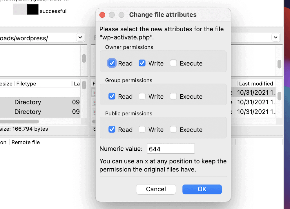 The file permissions dialog.