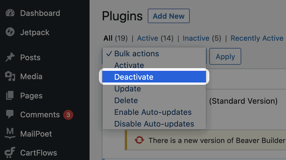 The Deactivate option from the Bulk  actions drop-down menu.