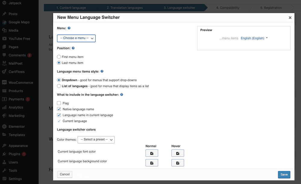 Choosing options for the language switcher.