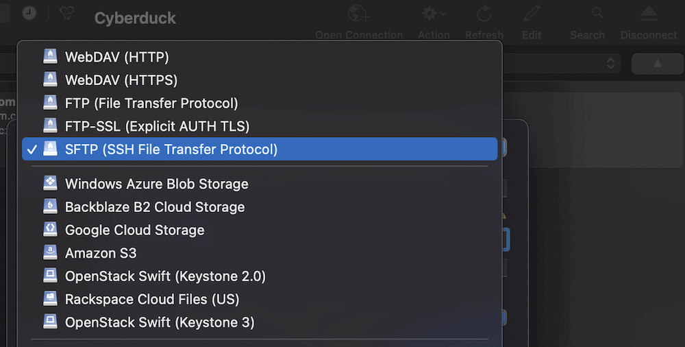 Cyberduck's connection options.