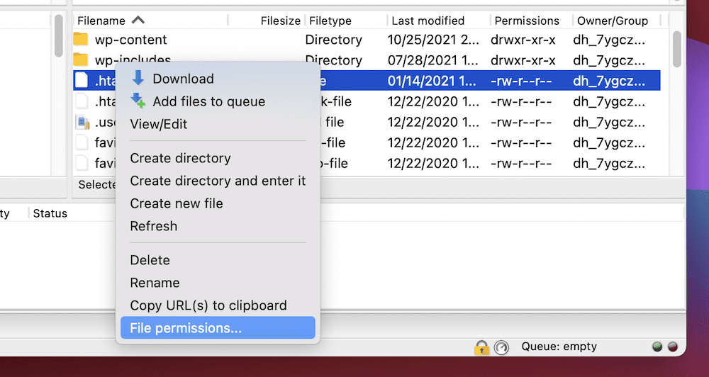 The File permissions… options within FileZilla.