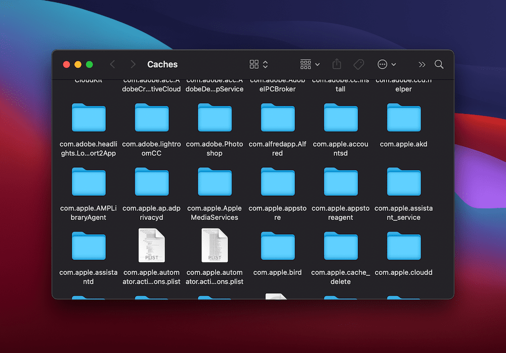The open Caches folder, with files inside.