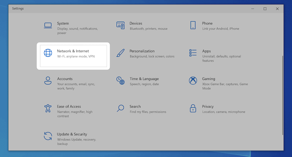 The Network & Internet option within Windows' Settings.