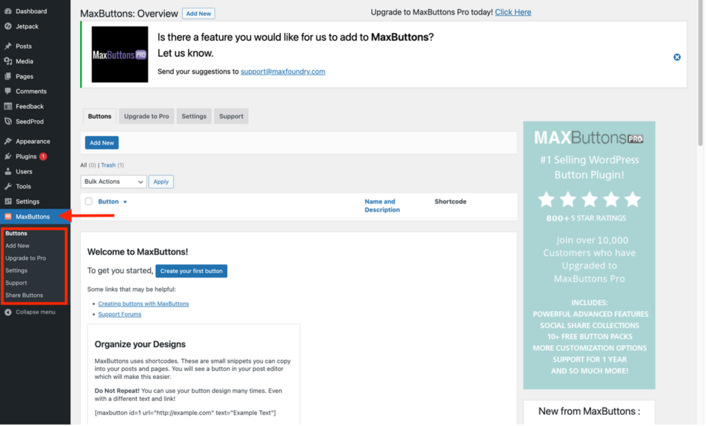 Inserting a button into a page or post using MaxButtons plugin - the MaxButtons menu in the WordPress dashboard