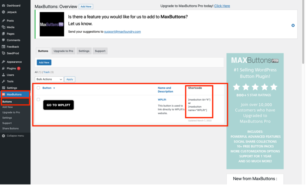 Inserting a button into a page or post using MaxButtons plugin - using the list of buttons in the MaxButtons dashboard