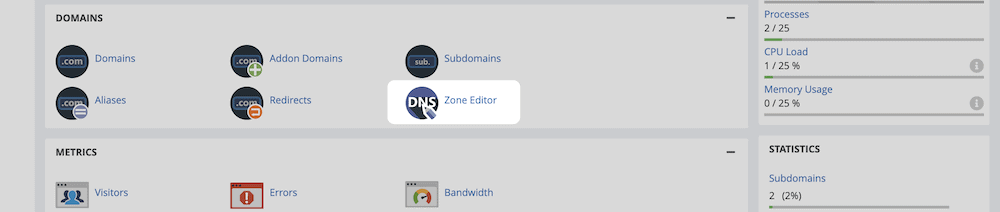 The Zone Editor within cPanel.