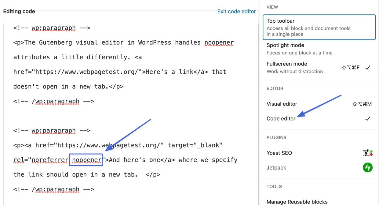 find rel=noopener in code editor