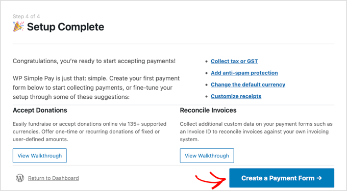 WP Simple Pay Setup Is Complete