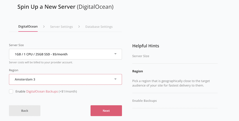 Choosing the options for your server on SpinupWP.