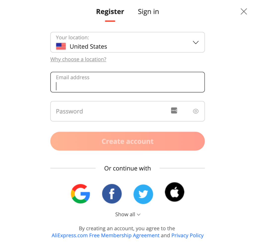 AliExpress registration form