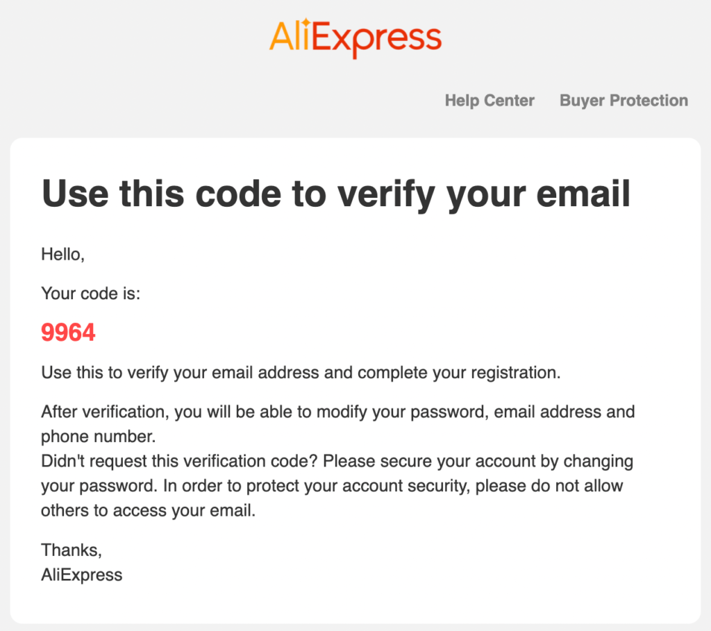 AliExpress verification email