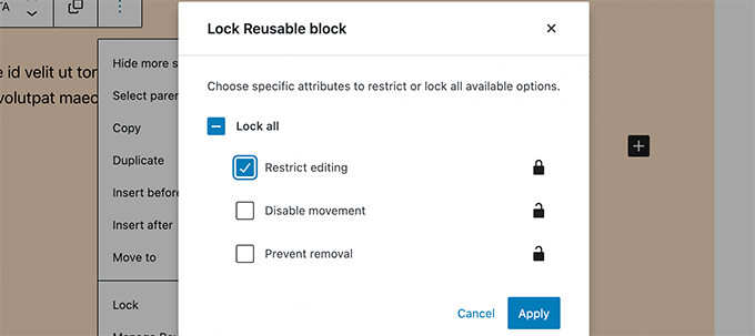 Lock options for reusable blocks in WordPress