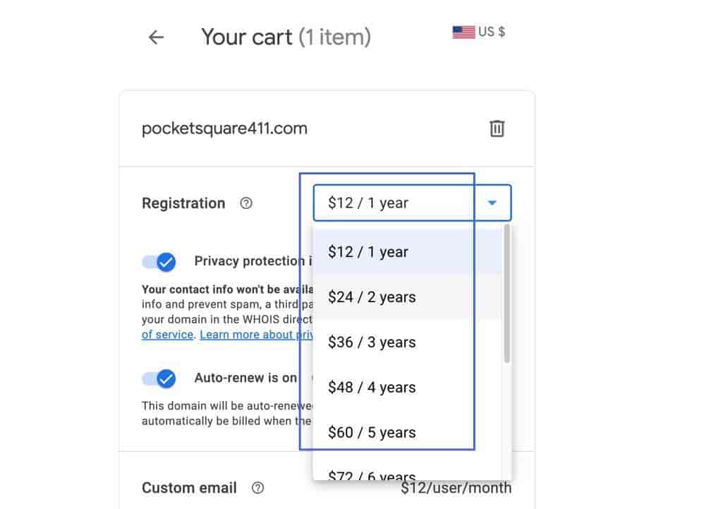 Google Domains pricing with no discounts