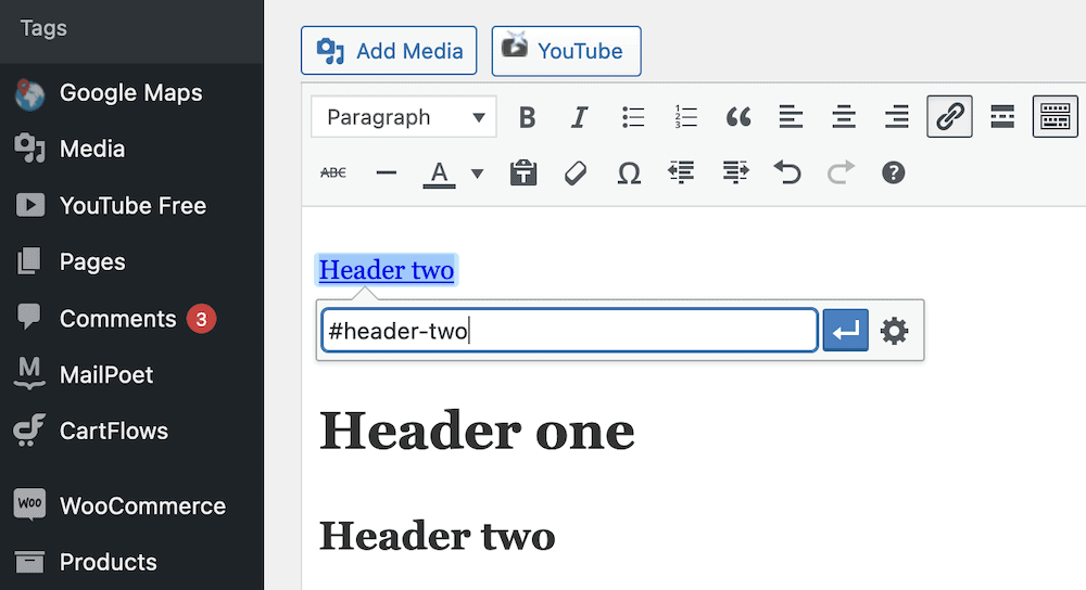 Adding a HTML anchor to text within the Classic Editor.