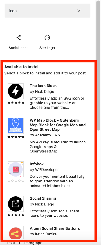 Screenshot showing the icon blocks that can be added to Gutenberg in WordPress