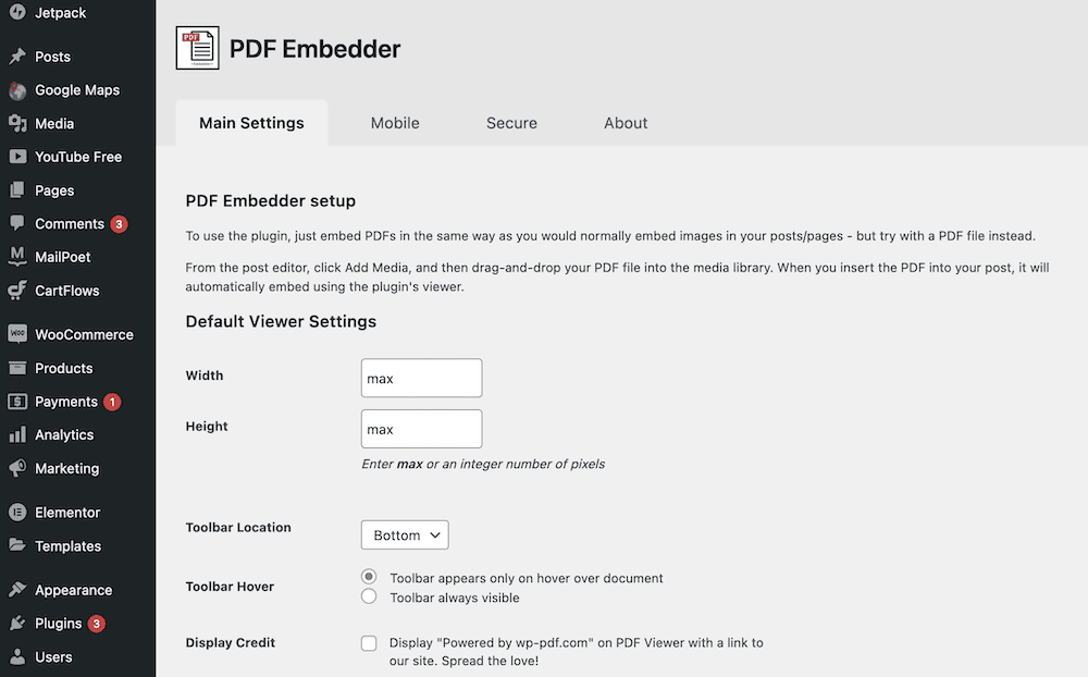 The PDF Embedder settings page.