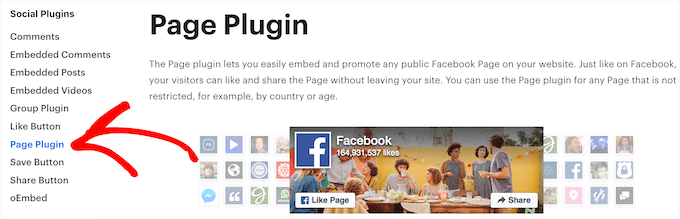 Select Facebook page plugin menu option