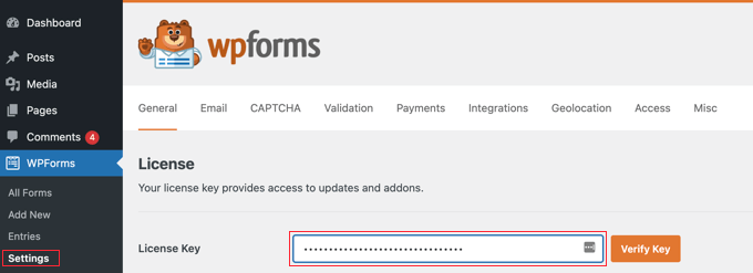 Visit the WPForms » Settings Page to Enter Your License Key