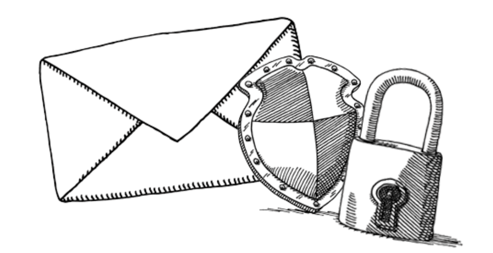 A lock, shield, and envelope illustration from the Posteo website.