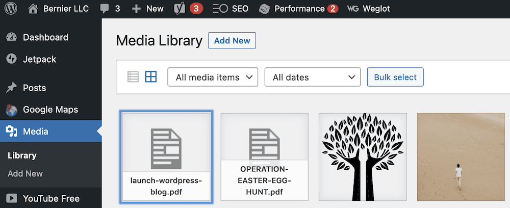 Uploading a PDF file to the Media Library.