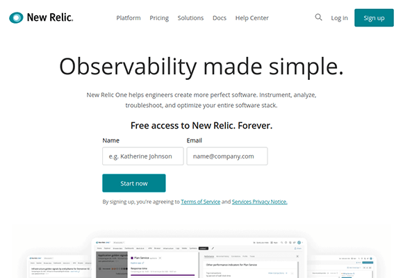 new relic homepage