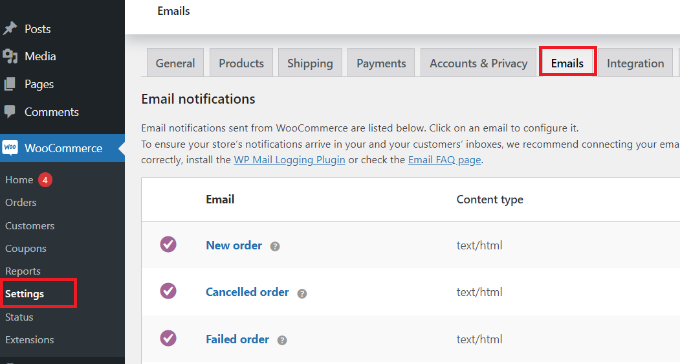 Go to email settings in WooCommerce