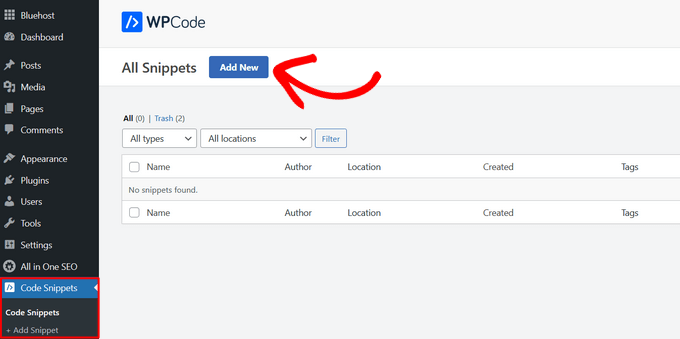 Click 'Add New' in WPCode to create a new custom snippet