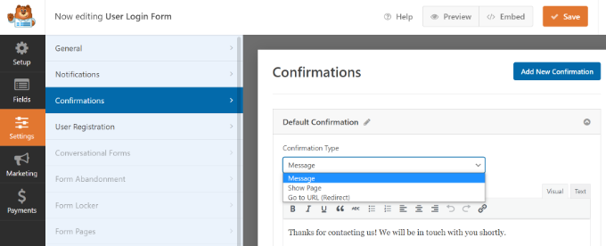 Edit confirmation settings in WPForms
