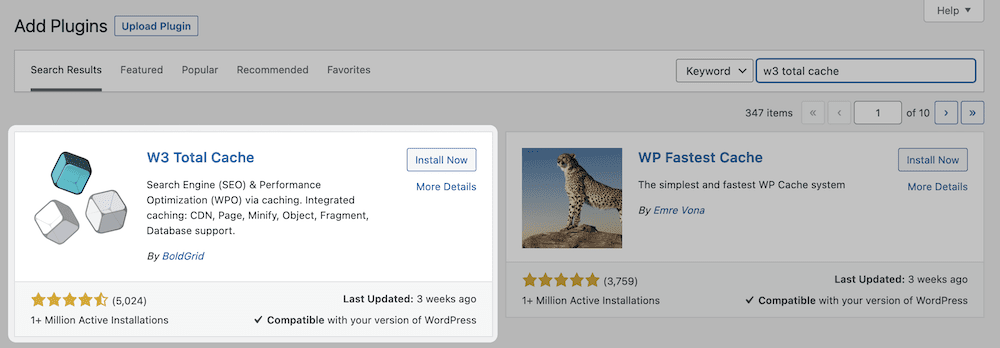 The WordPress Add Plugins screen, highlighting the W3 Total Cache plugin.