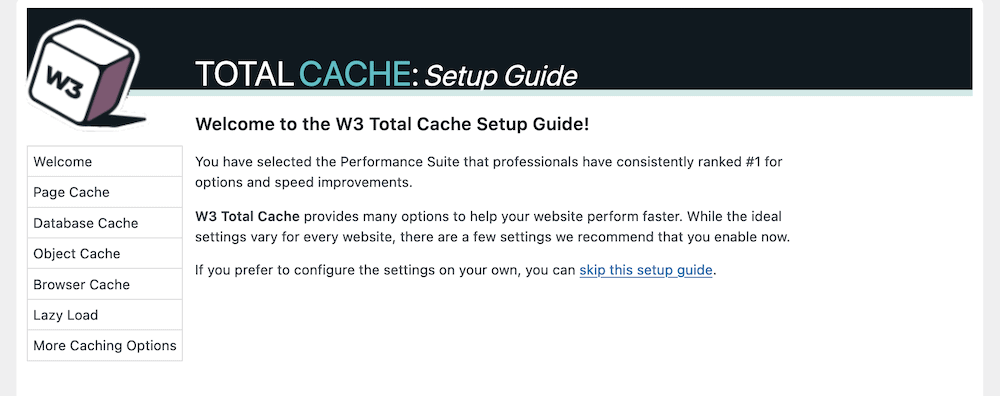 The W3 Total Cache Setup Guide screen.