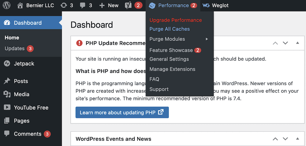 The Performance > Purge All Caches option on the WordPress toolbar.