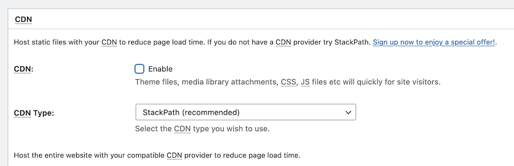 The CDN section of the W3 Total Cache General Settings.
