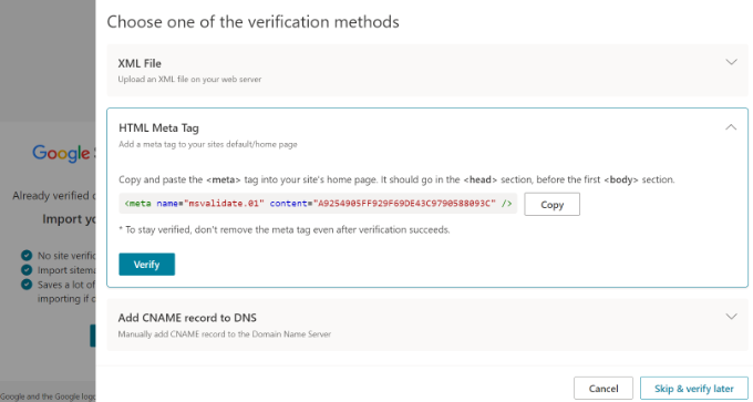 Different methods for verifying your site