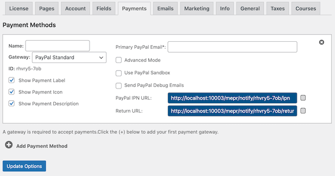 Configuring a PayPal gateway