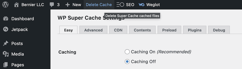 The Delete Cache link in the WordPress toolbar.