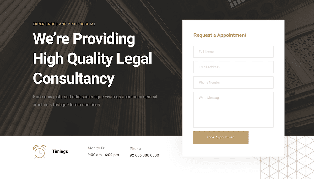 The Brizy page builder showcasing a WordPress theme for lawyers.