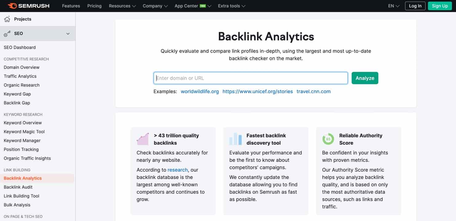 Semrush is arguably the best backlink checker on the market, with a massive database of backlink data.