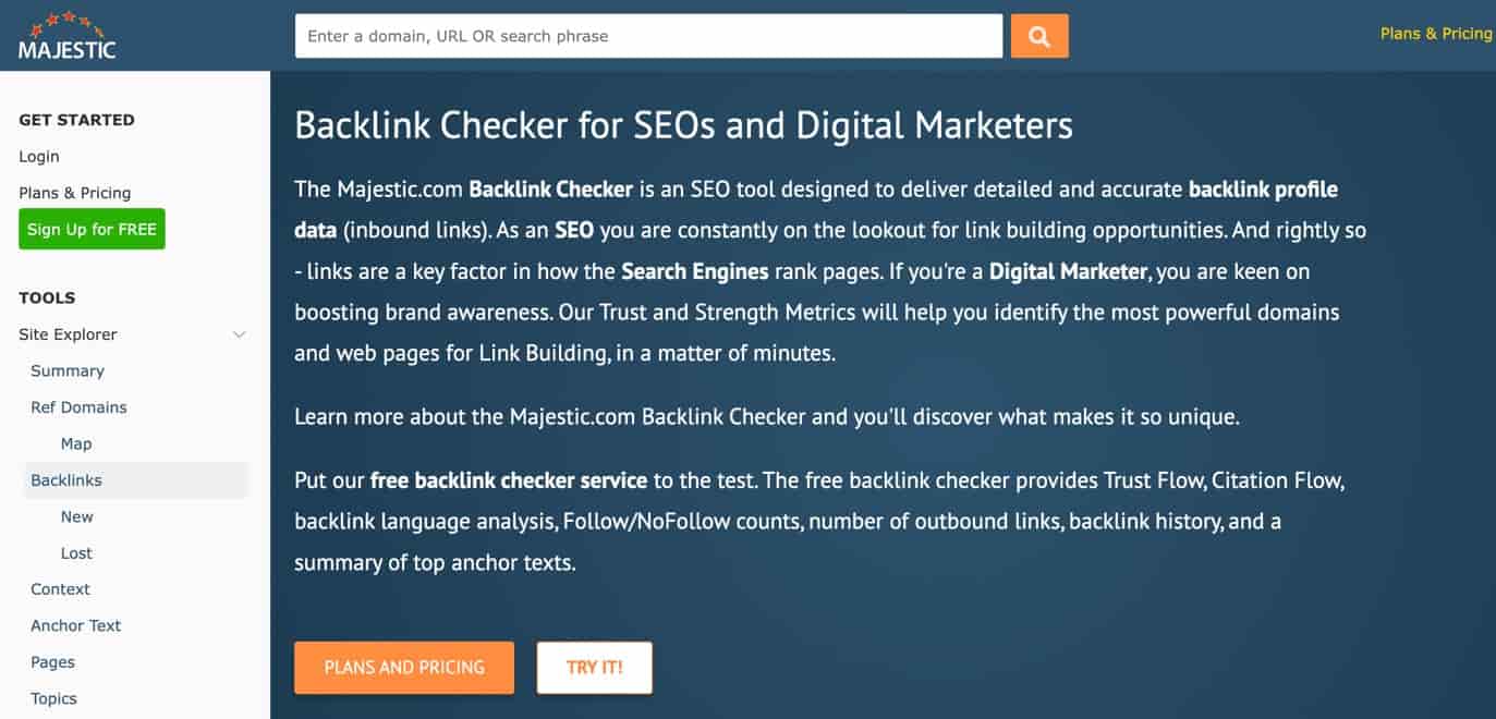 Majestic homepage explaining why it's one of the best backlink checker options on the market.
