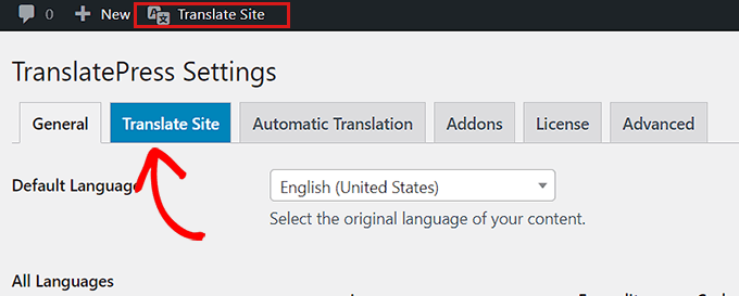 Click Translate Site button
