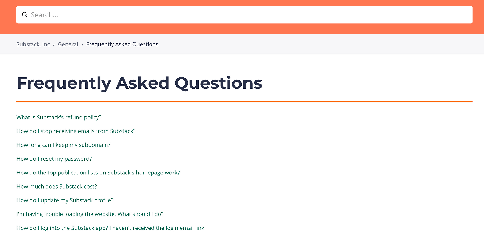 FAQ page examples: Substack FAQ page