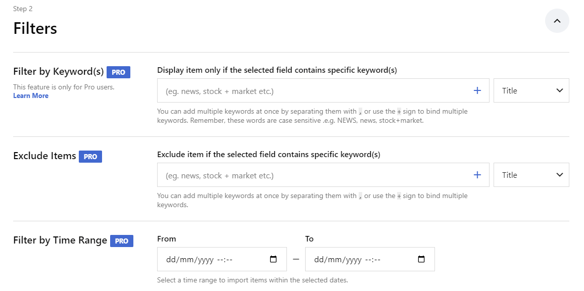 Filters options in Feedzy