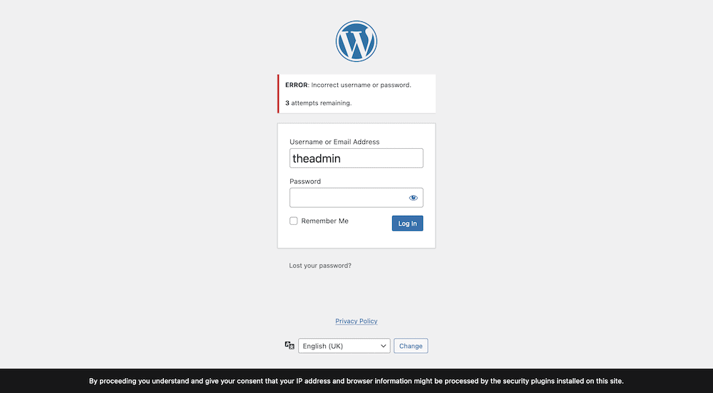 A WordPress login page showing an incorrect login and three attempts remaining to get into the wp-admin screen.