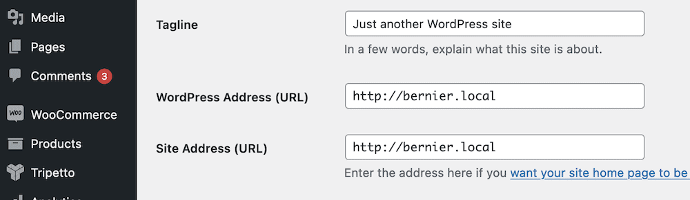 The WordPress wp-admin dashboard screen showing the WordPress Address and Site Address URLs.