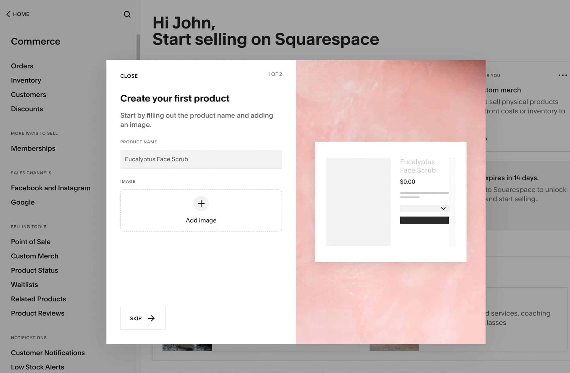 adding a product in Squarespace