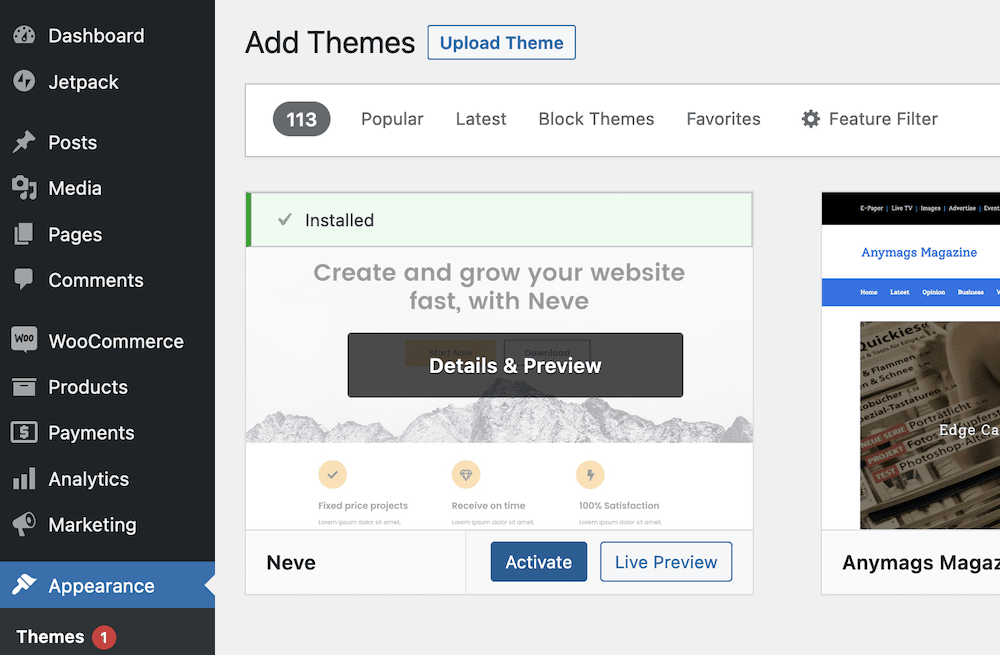 Activating a new theme within WordPress.
