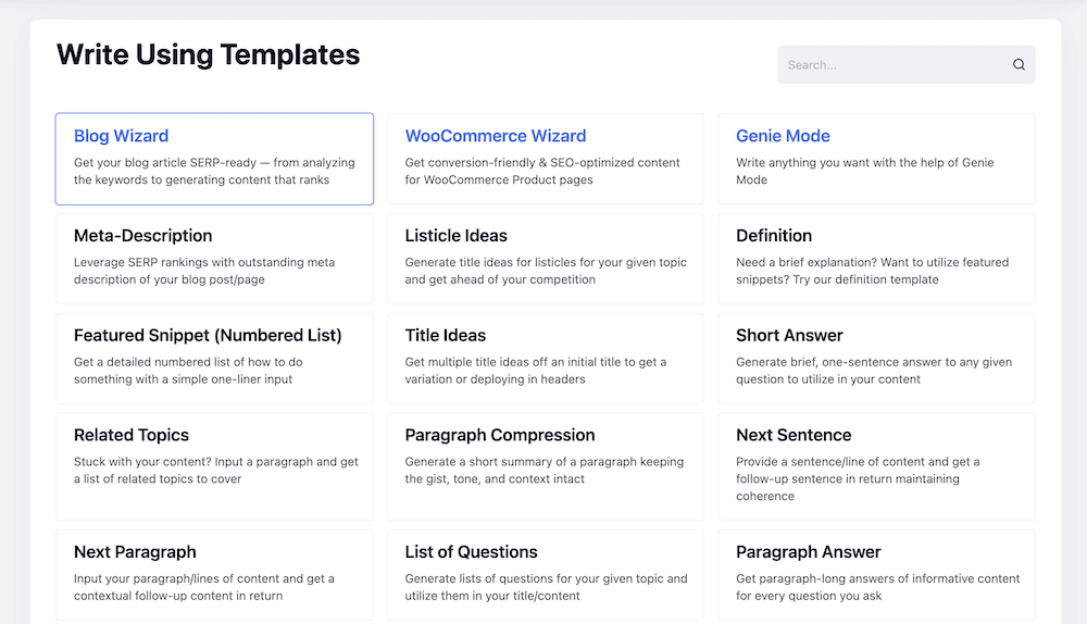 The different writing templates in GetGenie.