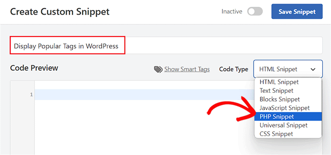 Choose PHP Snippet for the code snippet to display popular tags