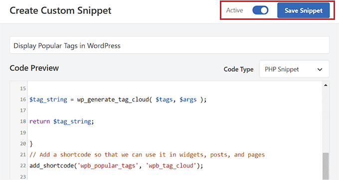 Save the code snippet for displaying popular tags